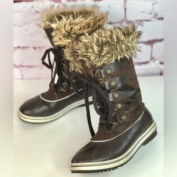 PARIS BLUES Fierce Faux Leather Faux Fur Lined Brown Lace Up Duck Boots Size 8 - Picture 2 of 15
